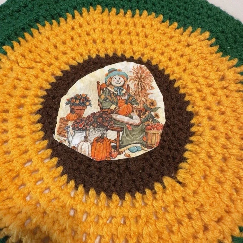 Vintage Green Yellow Crocheted Placemats Set of 4, Handmade Round 13